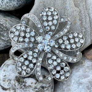 Ribbon Flower Brooch Clear Rhinestones and Silver Tone